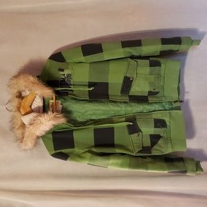 Billabong Check It Green Hoodie buffalo plaid quilted lining, fur on hood